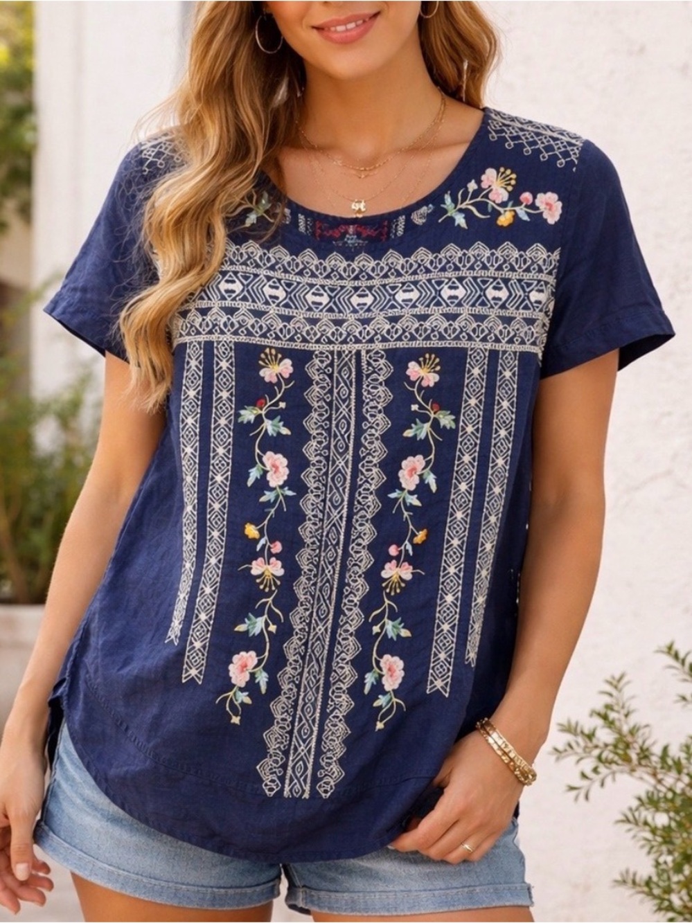 🔥HOST PICK🔥 Johnny Was Navy Blue Floral Embroidered Linen Top - Size 2X - NWY